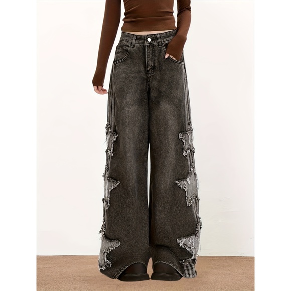 [Y2K Star Jeans] Y2K High-Waisted Star Jeans for Women | Baggy Cute Patchwork De - Picture 1 of 6